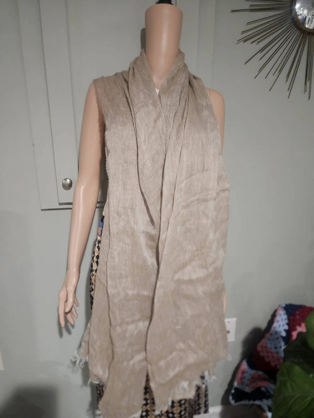 NWT Sandro Ferrone Made in Italy Linen Cotton Fringe Scarf Shawl Taupe Beige